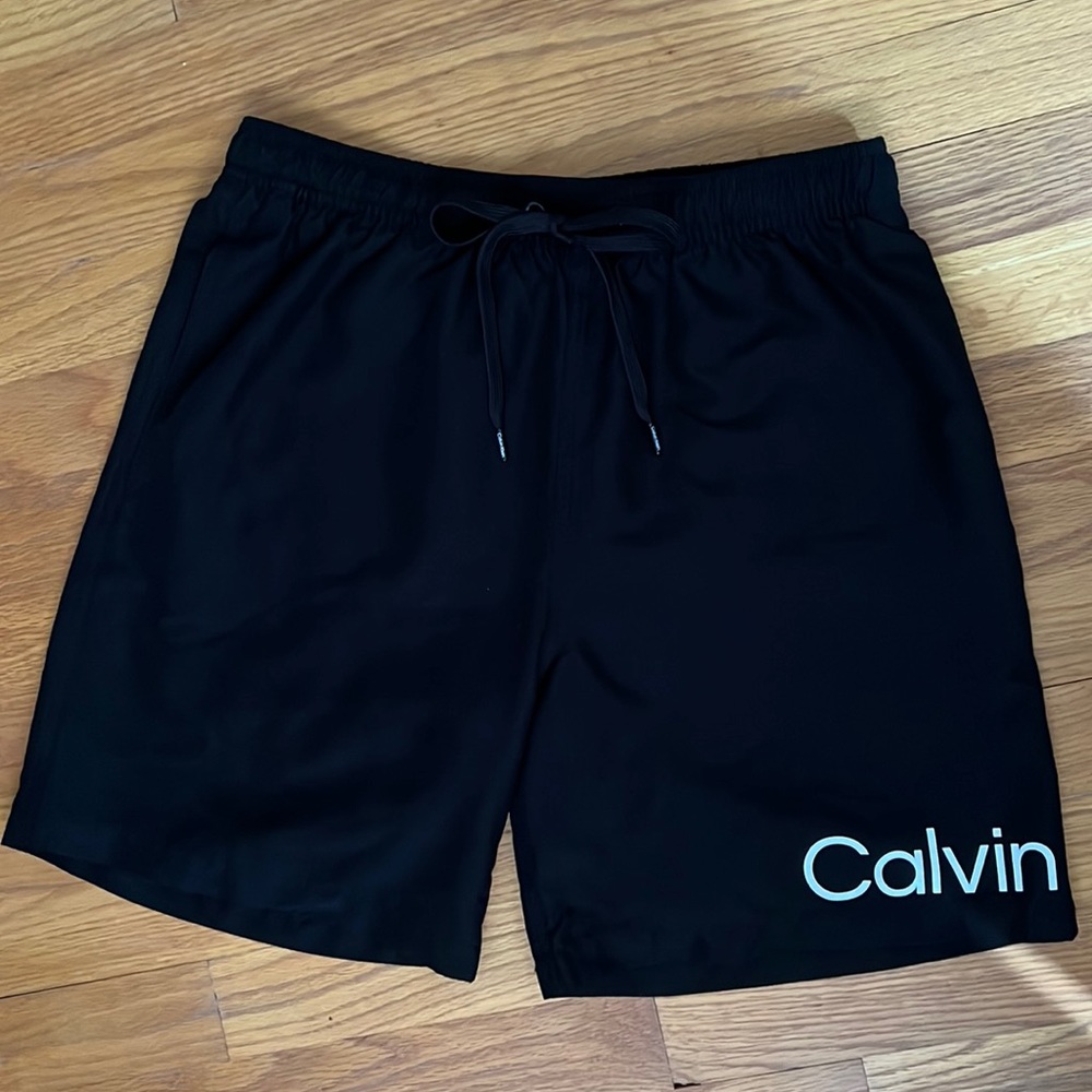 Mens Calvin Klein swimsuit, bathing suit, swim trunks, Lined Black SZ Small EUC